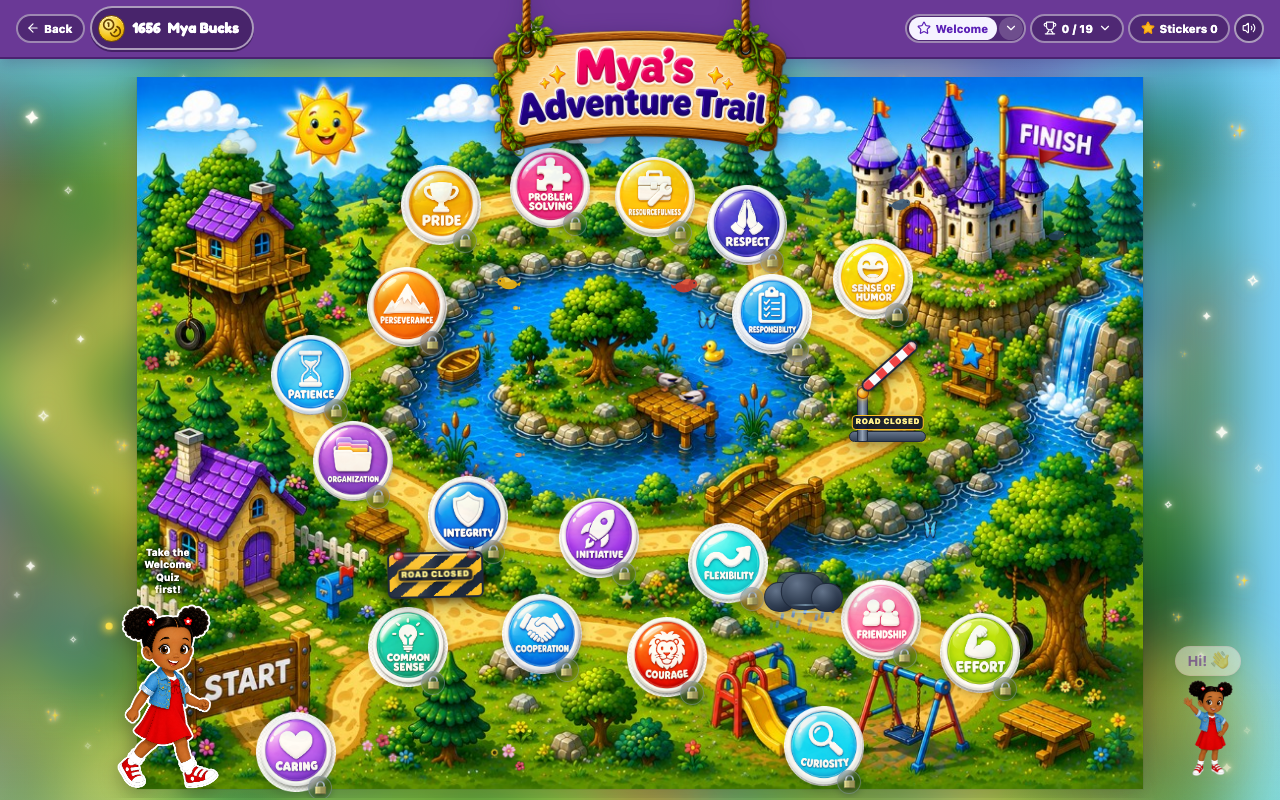 Screenshot of the Mya Kids Club portal adventure trail