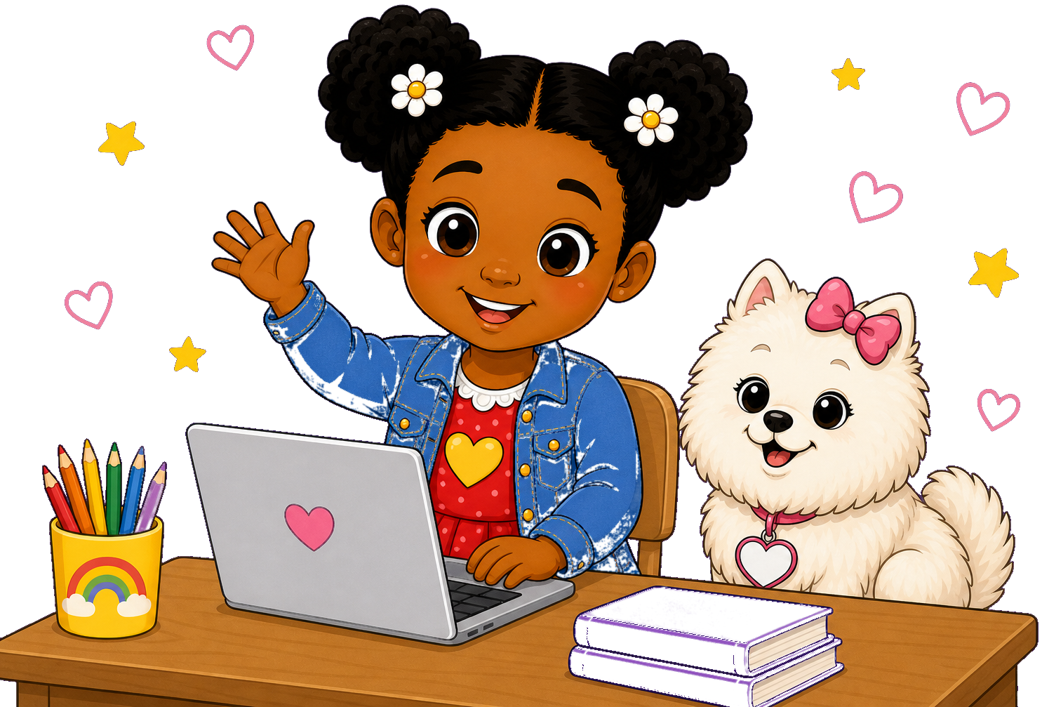 Mya and Pom Pom learning at a desk